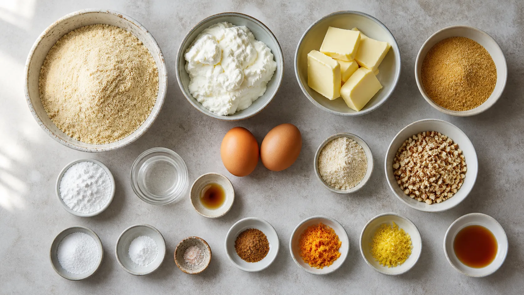 Zutaten für Keto-Christstollen: Mandelmehl, Quark, Butter, Eier, Erythrit, Orangen- und Zitronenschale, gehackte Mandeln und Gewürze