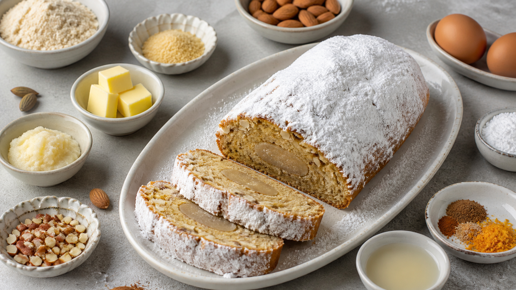Keto-Christstollen mit Puder-Erythrit bestäubt, angeschnitten, sodass der Marzipankern in der Mitte sichtbar ist