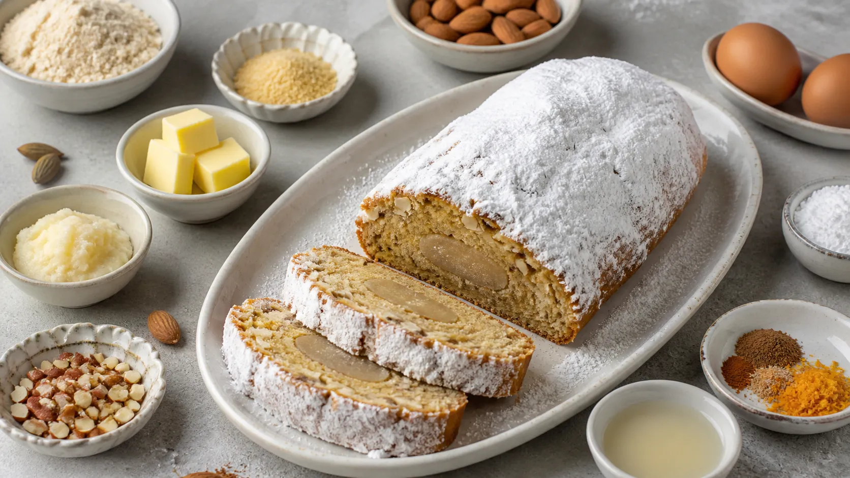 Keto-Christstollen mit Puder-Erythrit bestäubt, angeschnitten, sodass der Marzipankern in der Mitte sichtbar ist