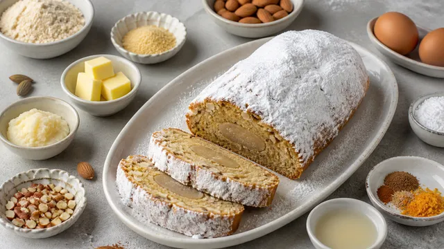 Keto-Christstollen mit Puder-Erythrit bestäubt, angeschnitten, sodass der Marzipankern in der Mitte sichtbar ist