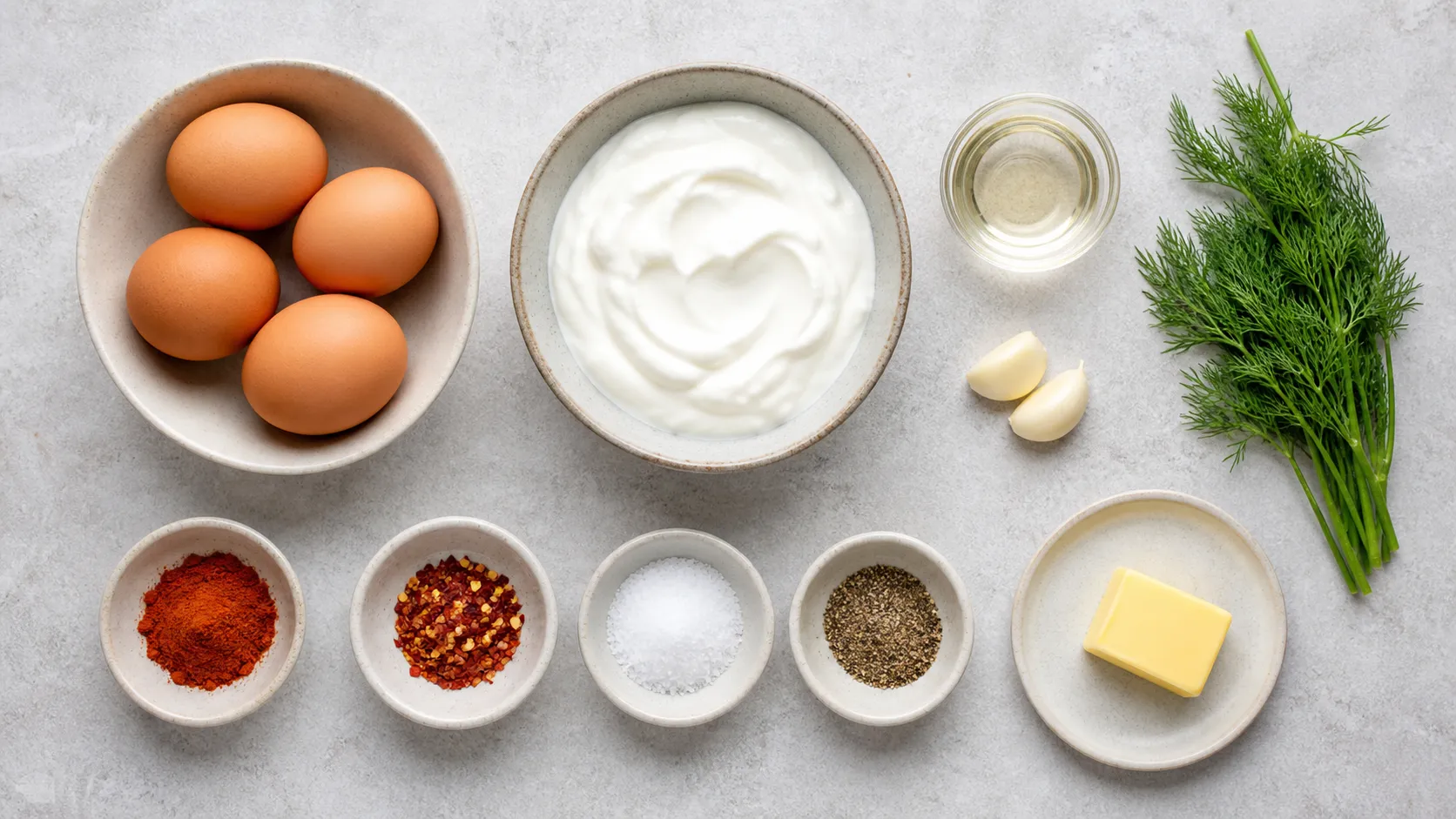 Zutaten für Keto-Çılbır im Flatlay: vier Eier, griechischer Joghurt, zwei Knoblauchzehen, Butter, Paprika, Chili, Essig und Dill