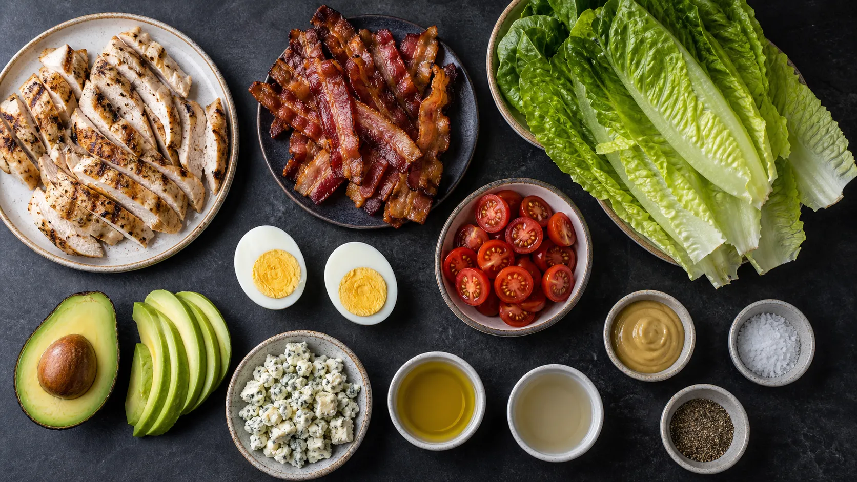 Zutaten für Keto Cobb Salad mit Hähnchen, Speck, Eiern, Avocado, Romaine, Tomaten und Gorgonzola