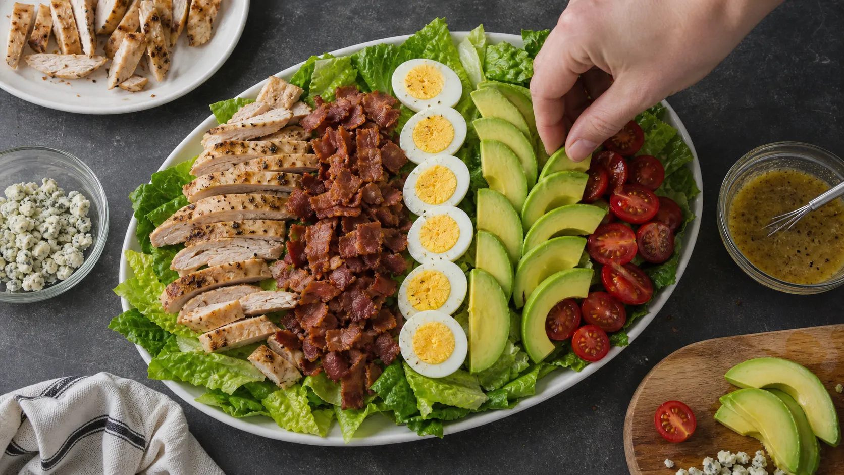 Keto Cobb Salad wird auf Romaine-Salat in parallelen Reihen mit Hähnchen, Ei und Avocado angerichtet