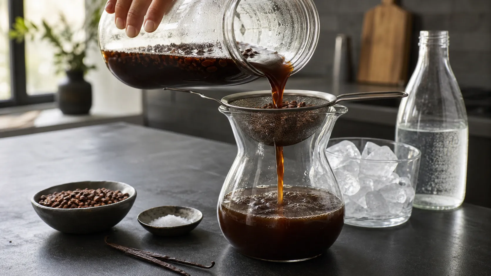 Cold-Brew-Kakao wird durch ein feines Sieb in eine Glaskaraffe abgeseiht