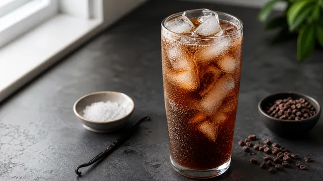 Keto Cold-Brew-Kakao-Tonic mit Eiswürfeln und sprudelndem zuckerfreiem Tonic im Glas