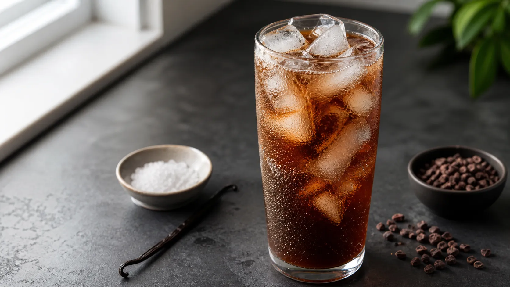 Keto Cold-Brew-Kakao-Tonic mit Eiswürfeln und sprudelndem zuckerfreiem Tonic im Glas
