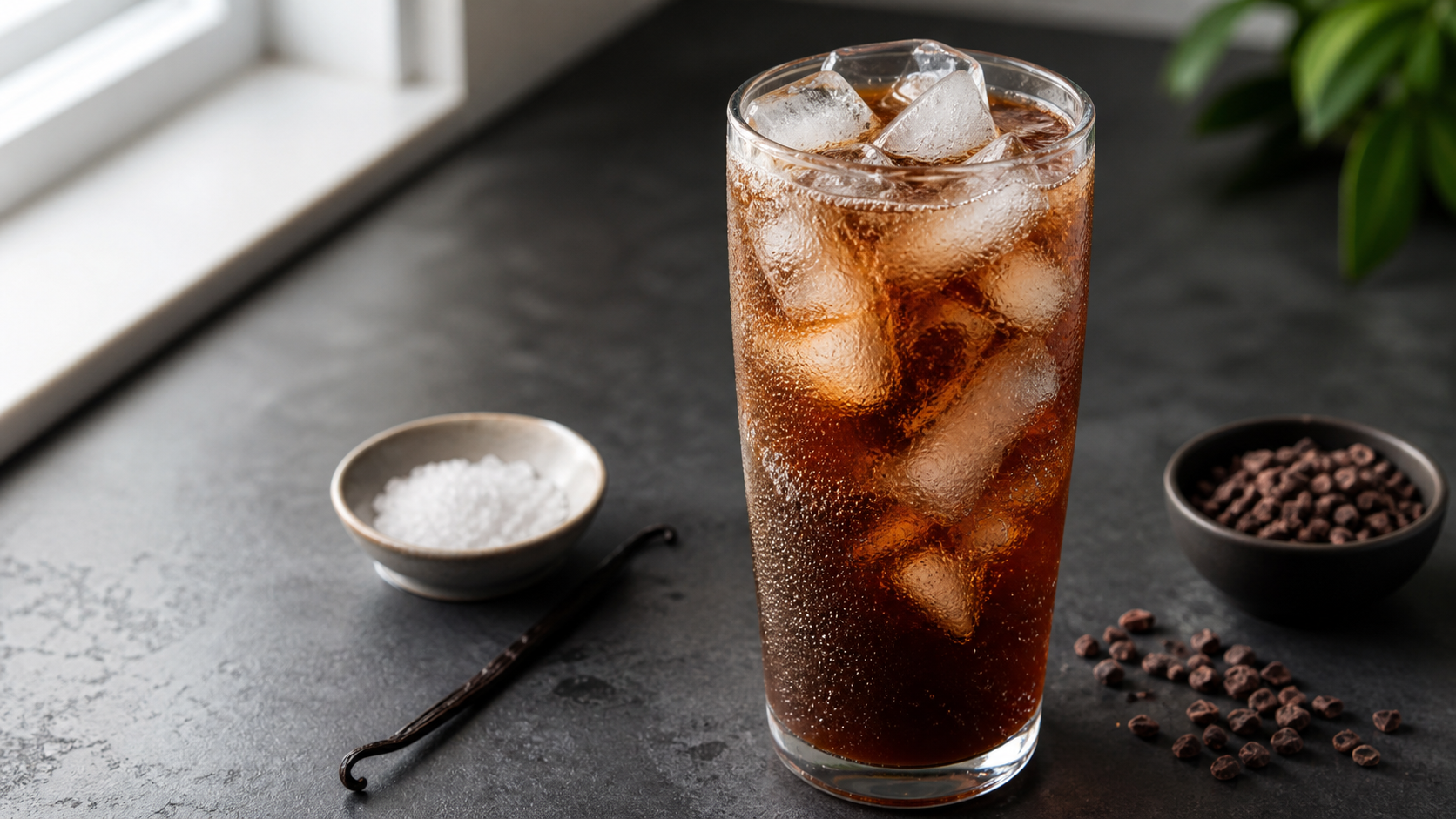 Keto Cold-Brew-Kakao-Tonic mit Eiswürfeln und sprudelndem zuckerfreiem Tonic im Glas