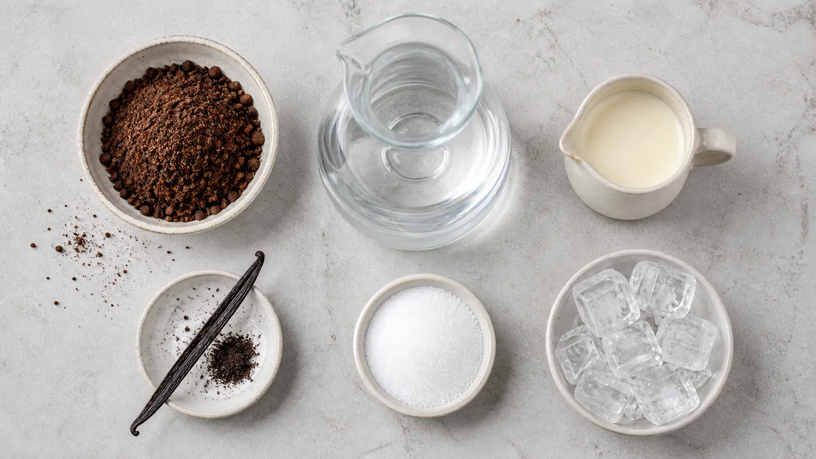 Flatlay der Zutaten für Keto Cold Brew mit grob gemahlenem Kaffee, Wasser, Sahne, Vanille, Erythrit und Eiswürfeln