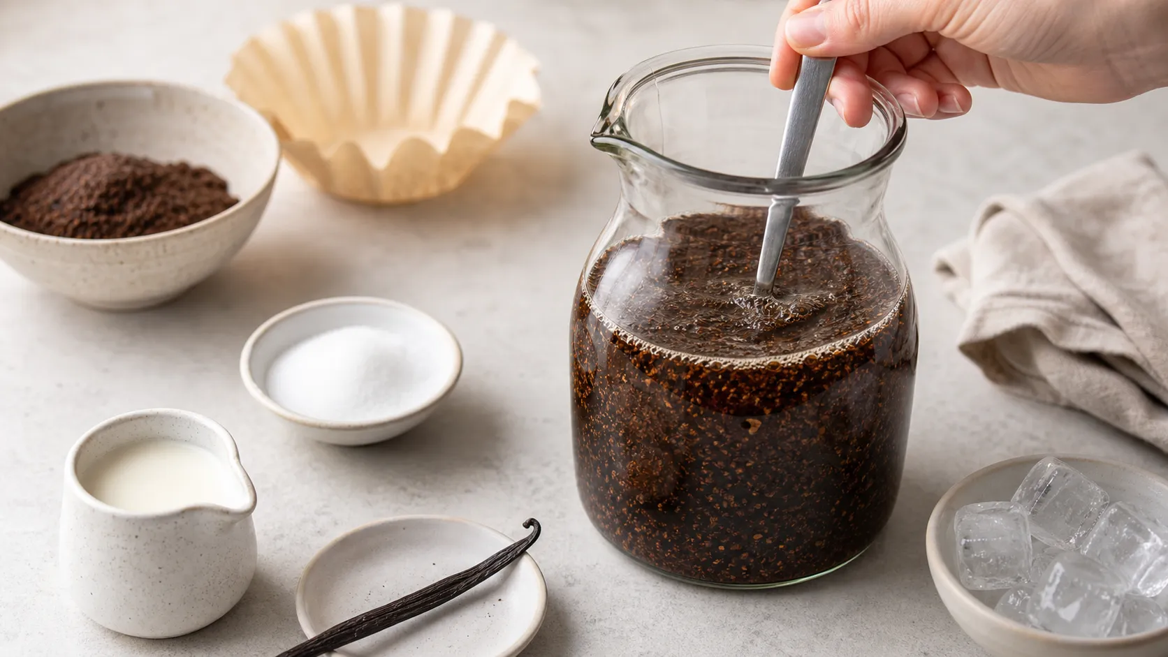 Grob gemahlener Kaffee wird mit kaltem Wasser für Cold Brew verrührt