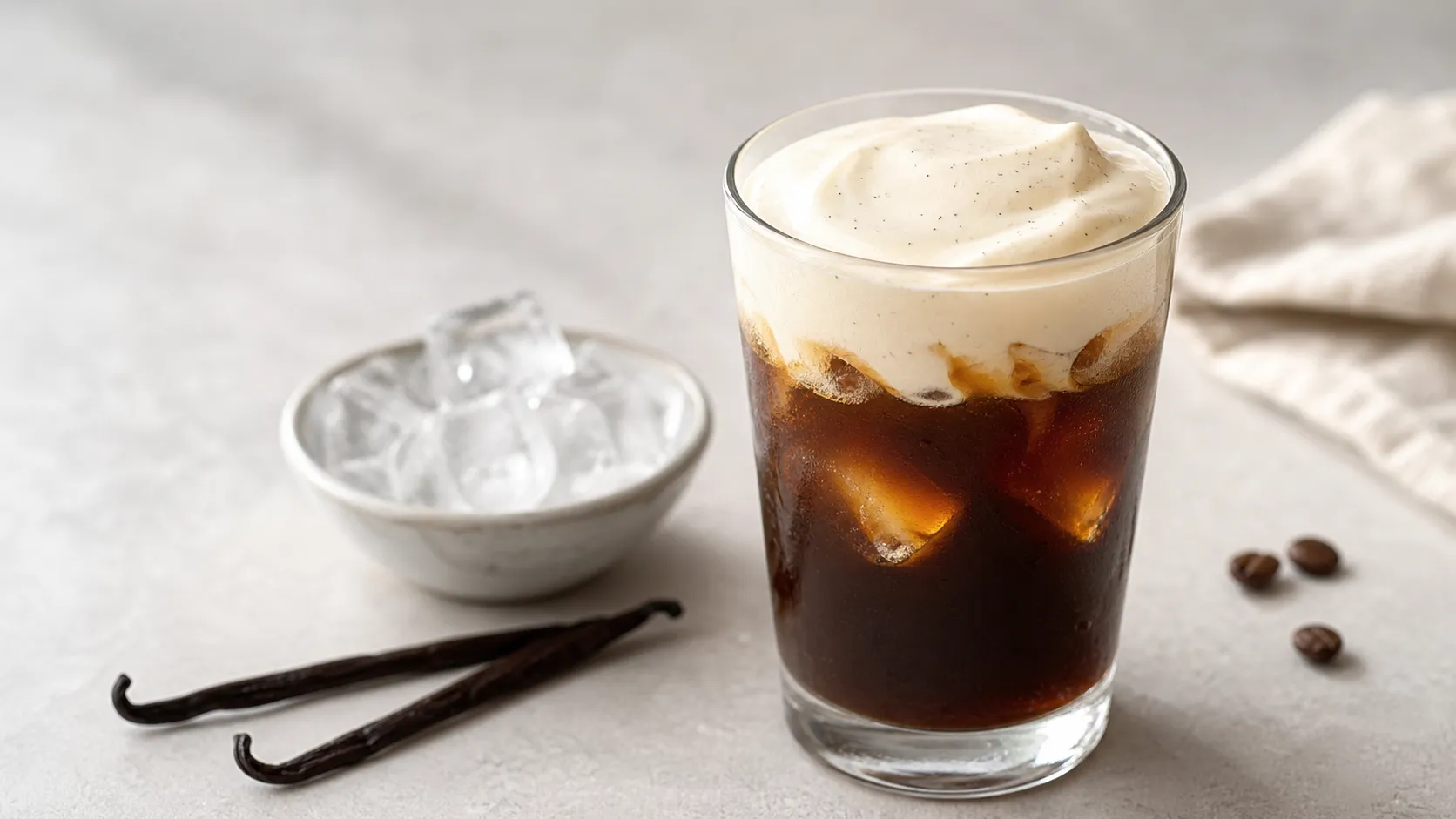 Keto Cold Brew mit Eiswürfeln und Vanille-Sahnehaube in einem hohen Glas