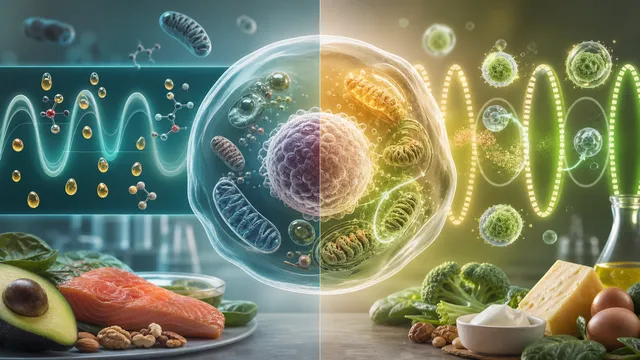 Biomedizinische Illustration zu Dauerketo und Intervall-Keto mit Zellalterungs-Signalen