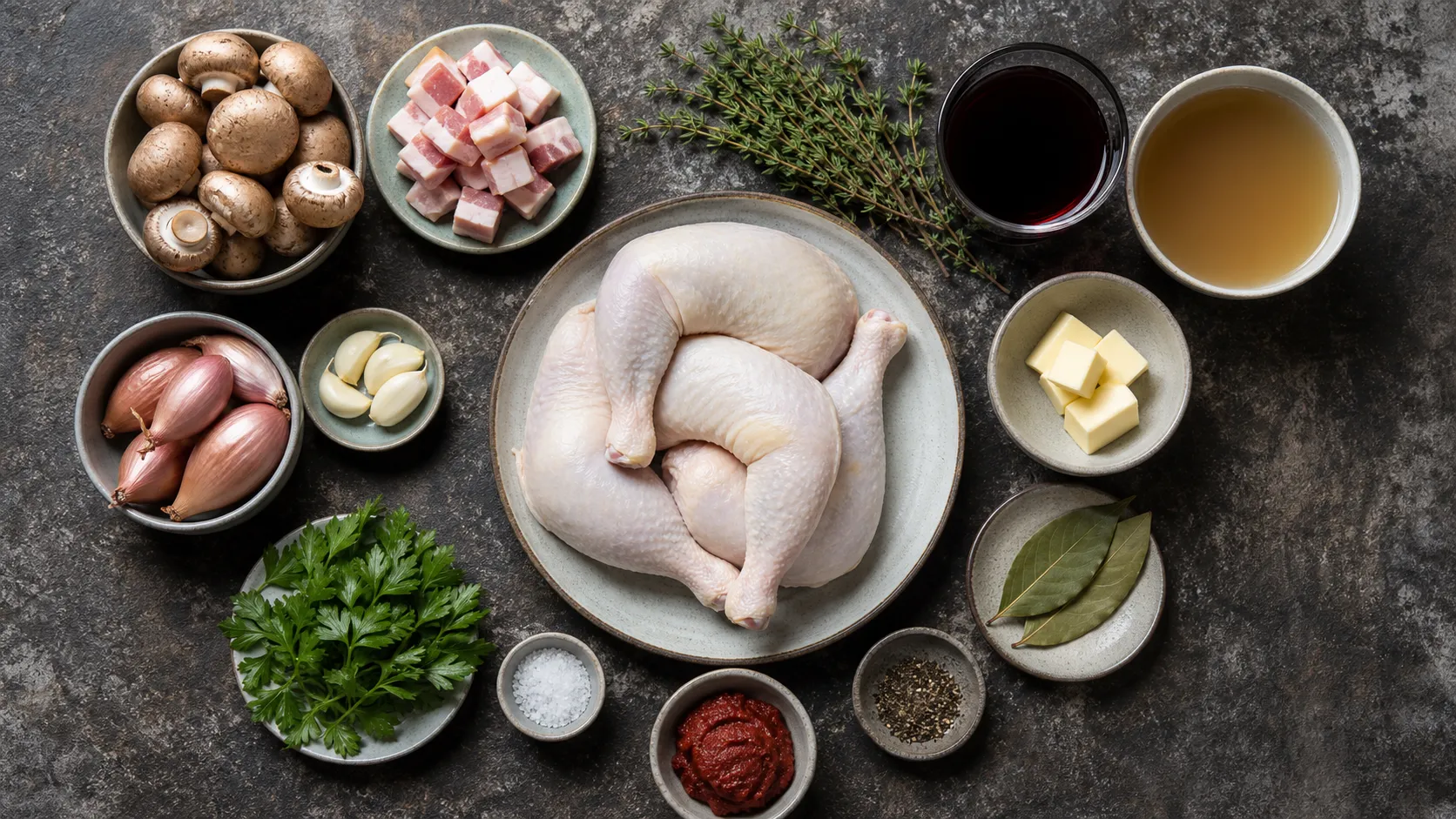 Zutaten für Keto-Coq au Vin mit Hähnchenkeulen, Speck, Champignons, Schalotten, Rotwein, Butter und Kräutern