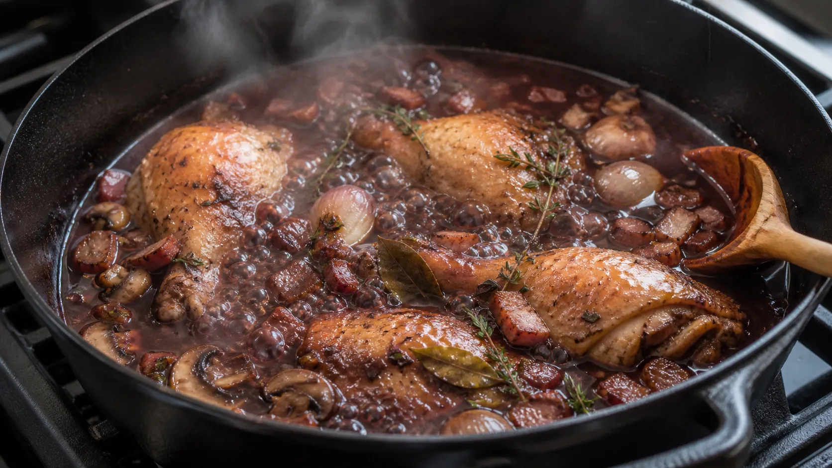 Rotweinsauce für Keto-Coq au Vin reduziert im Schmortopf mit Hähnchen, Champignons und Schalotten