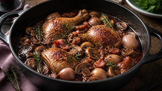 Keto-Coq au Vin mit geschmorten Hähnchenkeulen, Speck, Champignons und Schalotten in dunkler Rotweinsauce