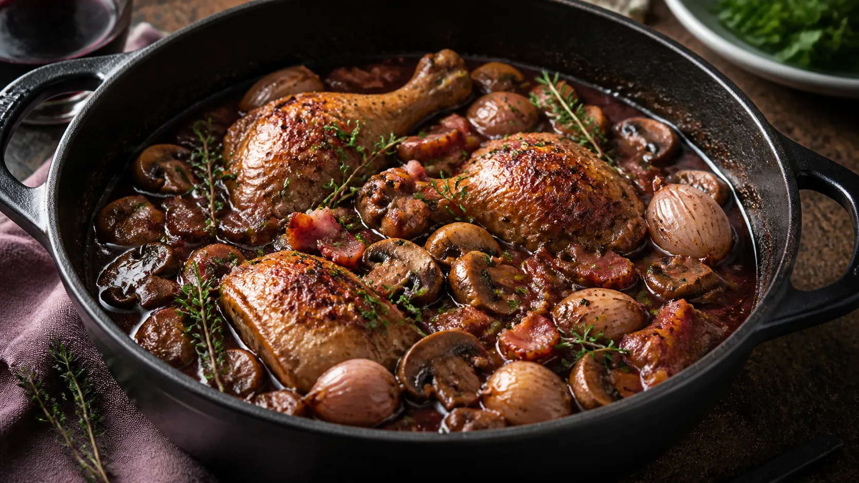 Keto-Coq au Vin mit geschmorten Hähnchenkeulen, Speck, Champignons und Schalotten in dunkler Rotweinsauce