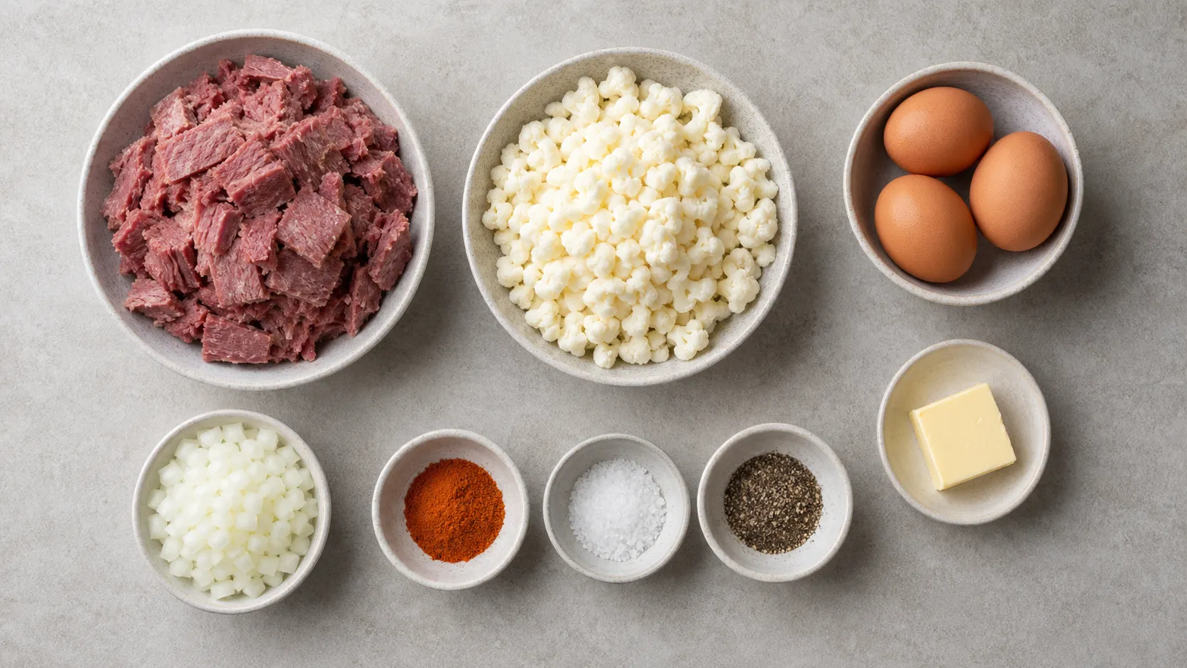 Zutaten für Keto Corned Beef Hash mit Corned Beef, Blumenkohl, Eiern, Butter und Gewürzen als Flatlay
