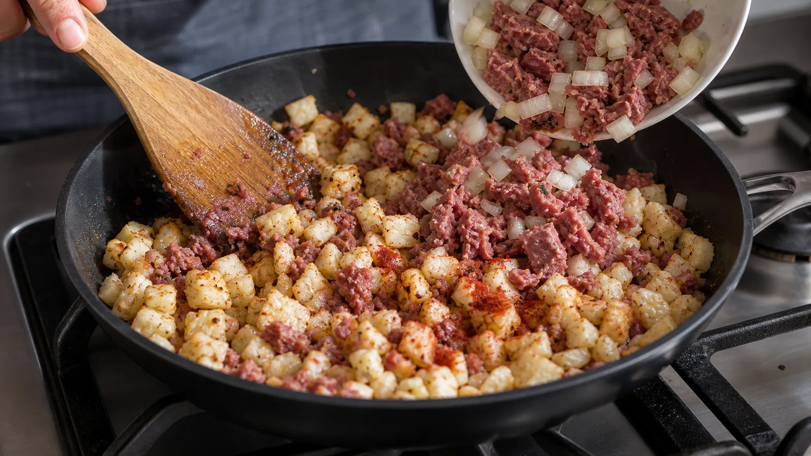 Corned Beef und Zwiebeln werden zu gebräunten Blumenkohlwürfeln in die Pfanne gegeben