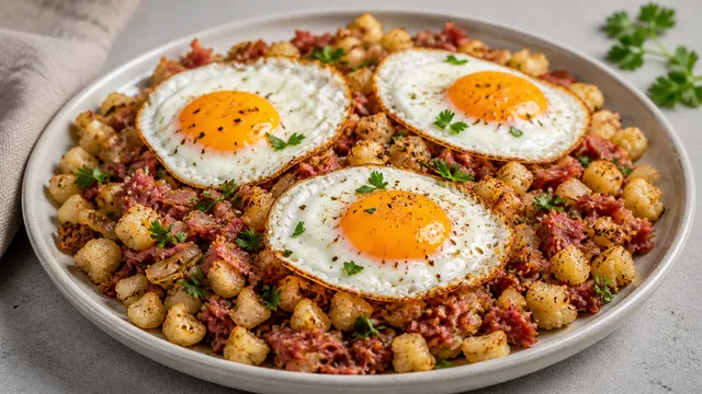 Keto Corned Beef Hash mit gebratenem Blumenkohl, Corned Beef und drei Spiegeleiern auf einem Teller