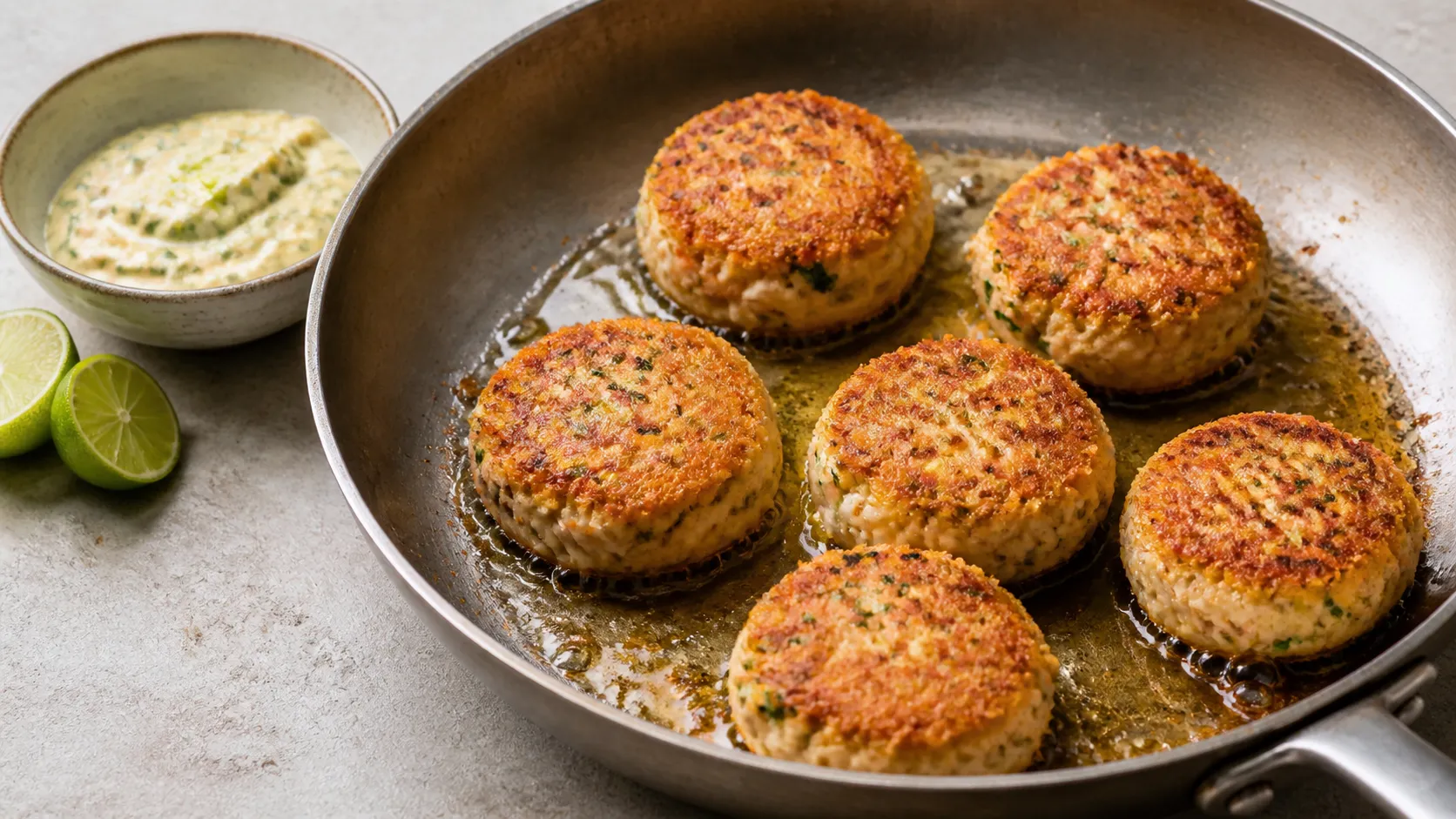 Crab Cakes braten in einer Pfanne in Butterschmalz, daneben eine Schüssel mit Limetten-Remoulade
