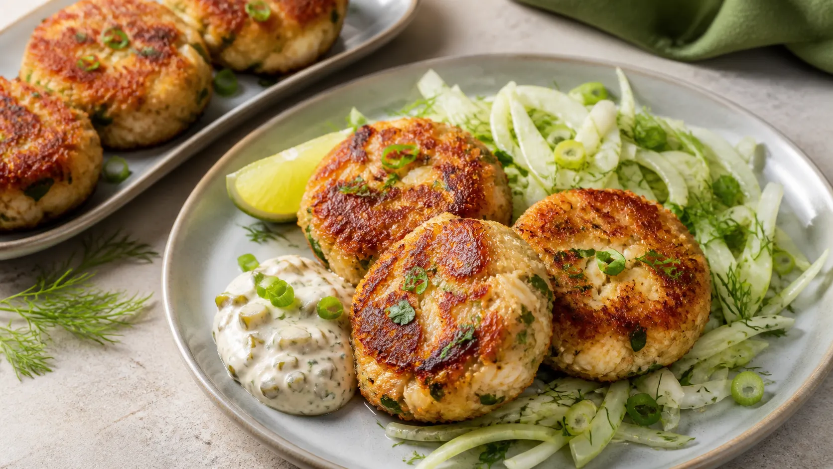 Goldbraun gebratene Keto Crab Cakes mit Limetten-Remoulade und frischem Fenchelsalat auf einem Teller