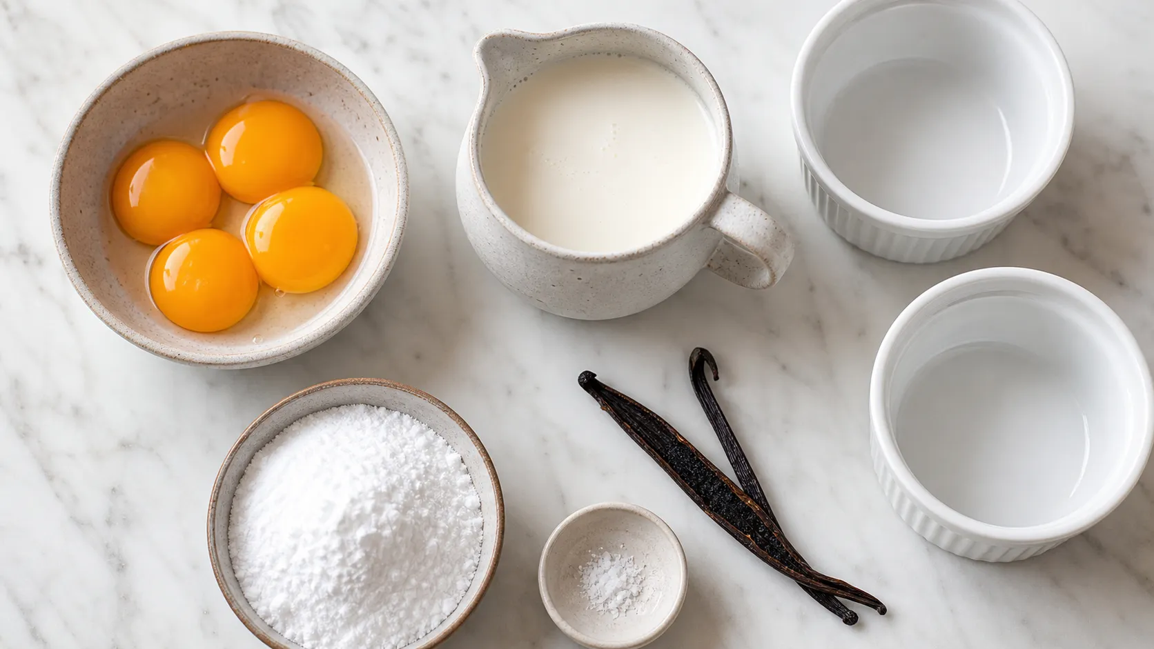 Zutaten für Keto-Crème-Brûlée mit Sahne, Eigelb, Bourbon-Vanille, Erythrit und Förmchen