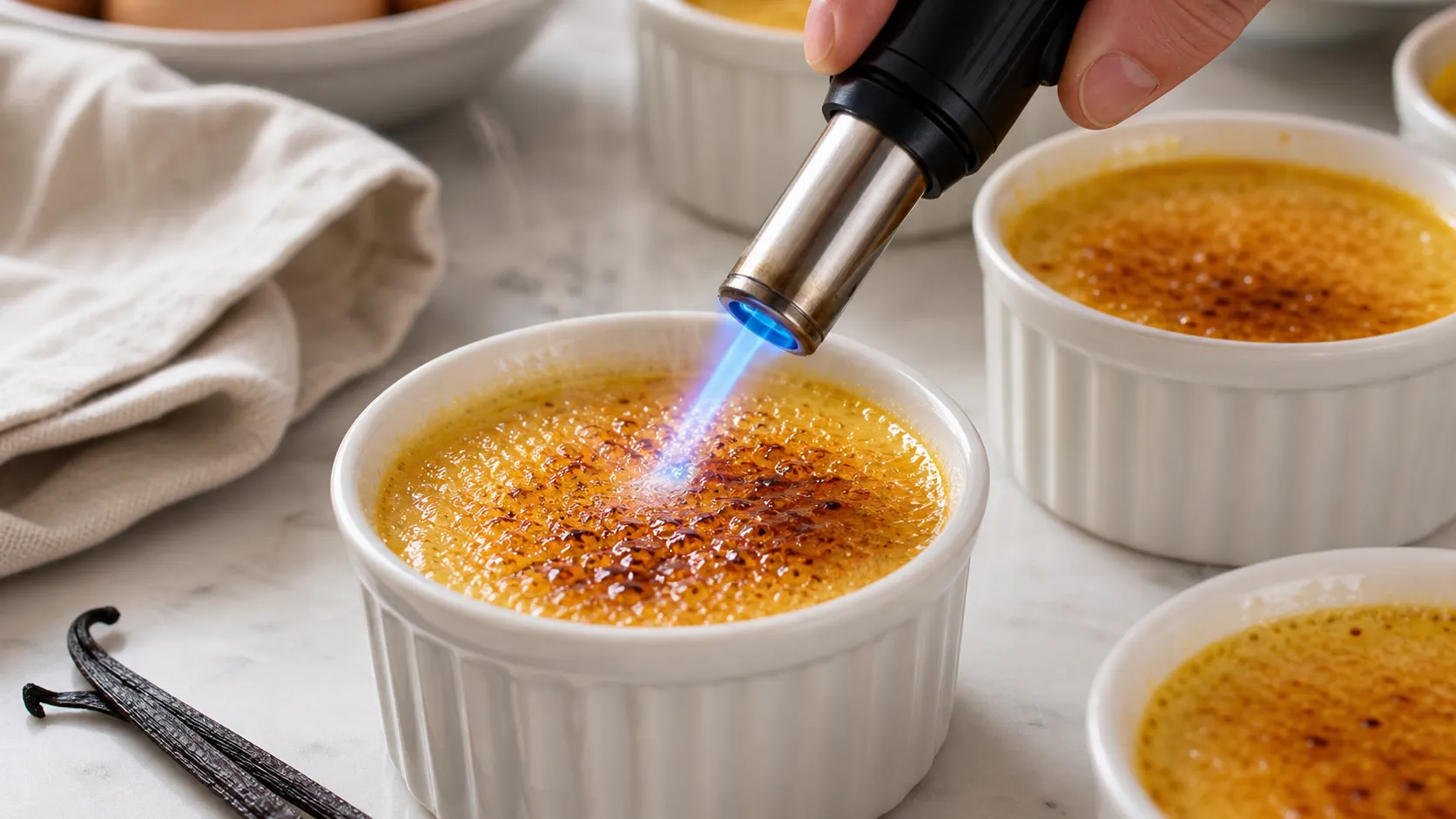 Erythrit-Kruste auf Keto-Crème-Brûlée wird mit einem Küchenbrenner goldbraun karamellisiert
