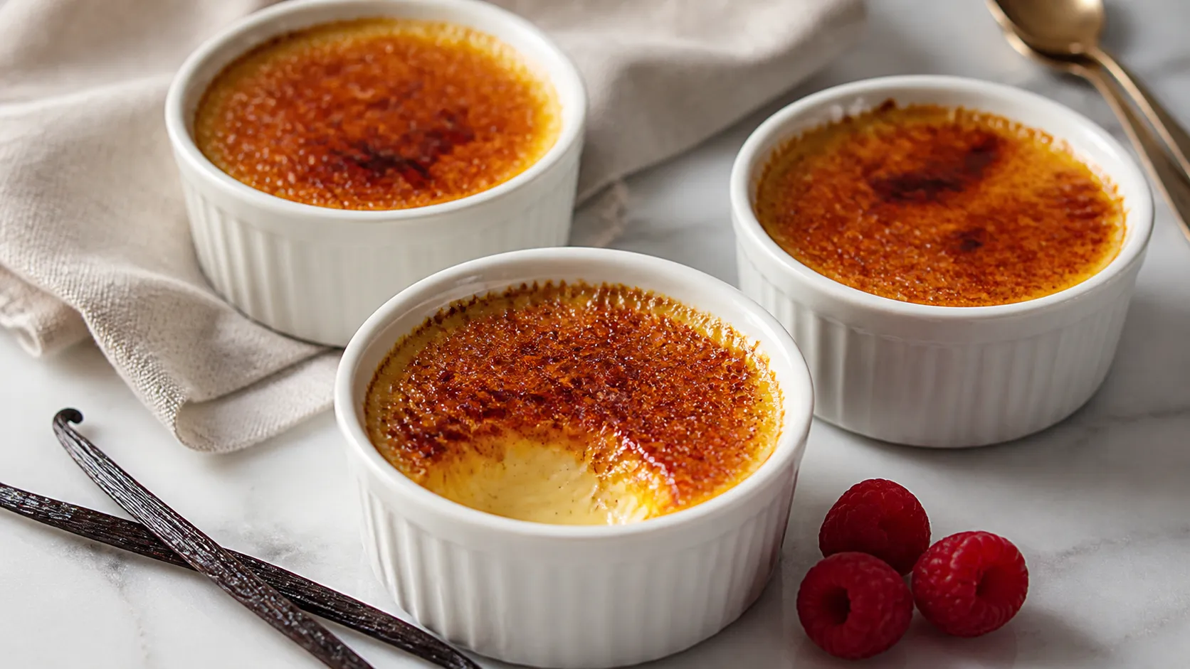 Keto-Crème-Brûlée mit goldbrauner Erythrit-Kruste, Vanillecreme und Bourbon-Vanilleschote