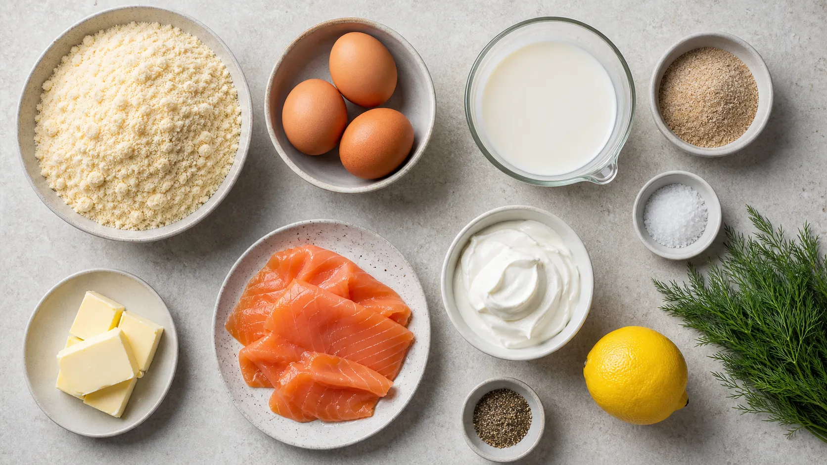 Zutaten für Keto-Crêpes: Mandelmehl, Eier, Mandelmilch, Räucherlachs, Crème fraîche, Dill und Zitrone