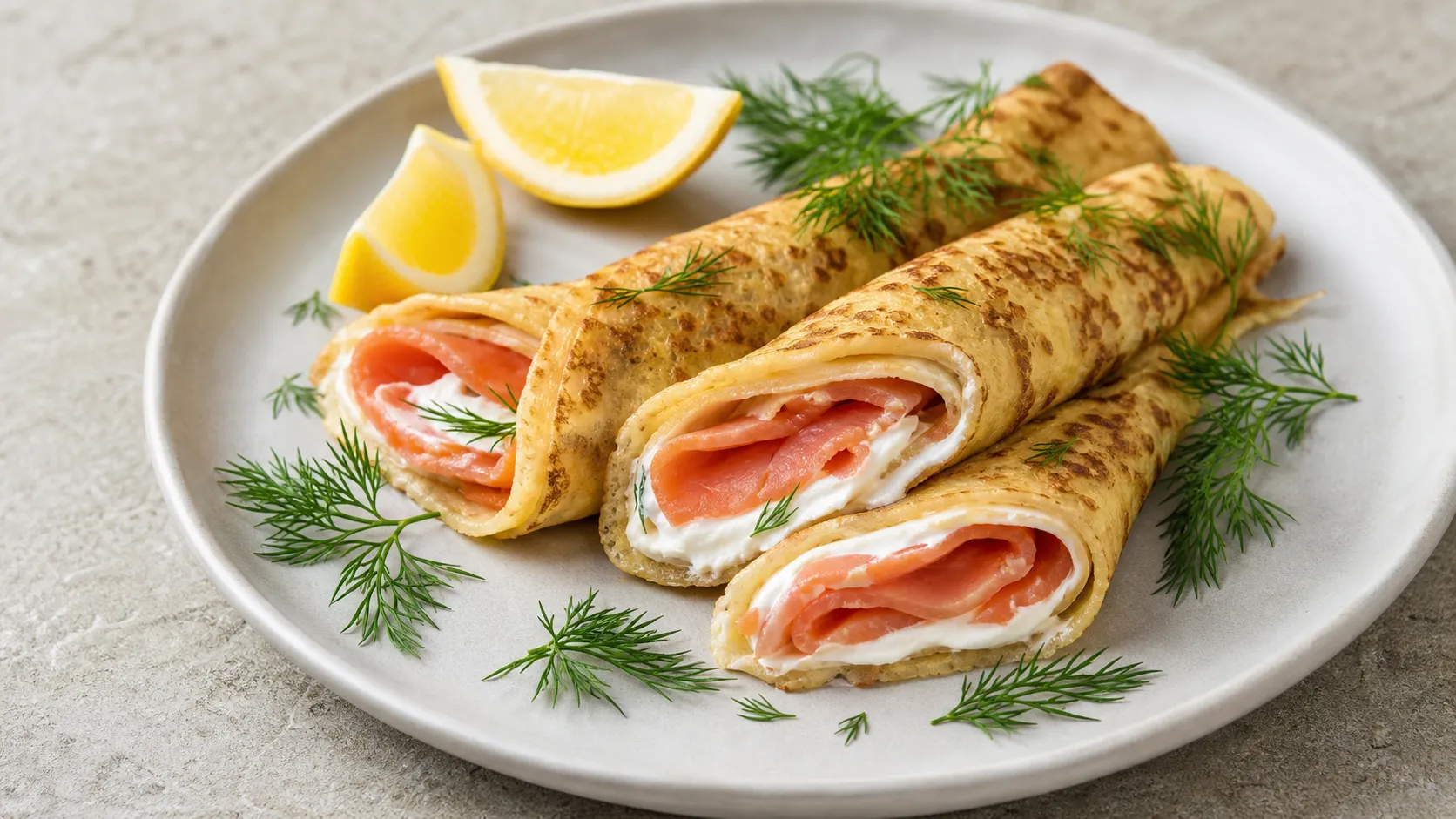 Gerollte Keto-Crêpes aus Mandelmehl mit Räucherlachs, Crème fraîche, Dill und Zitronenspalten auf einem Teller