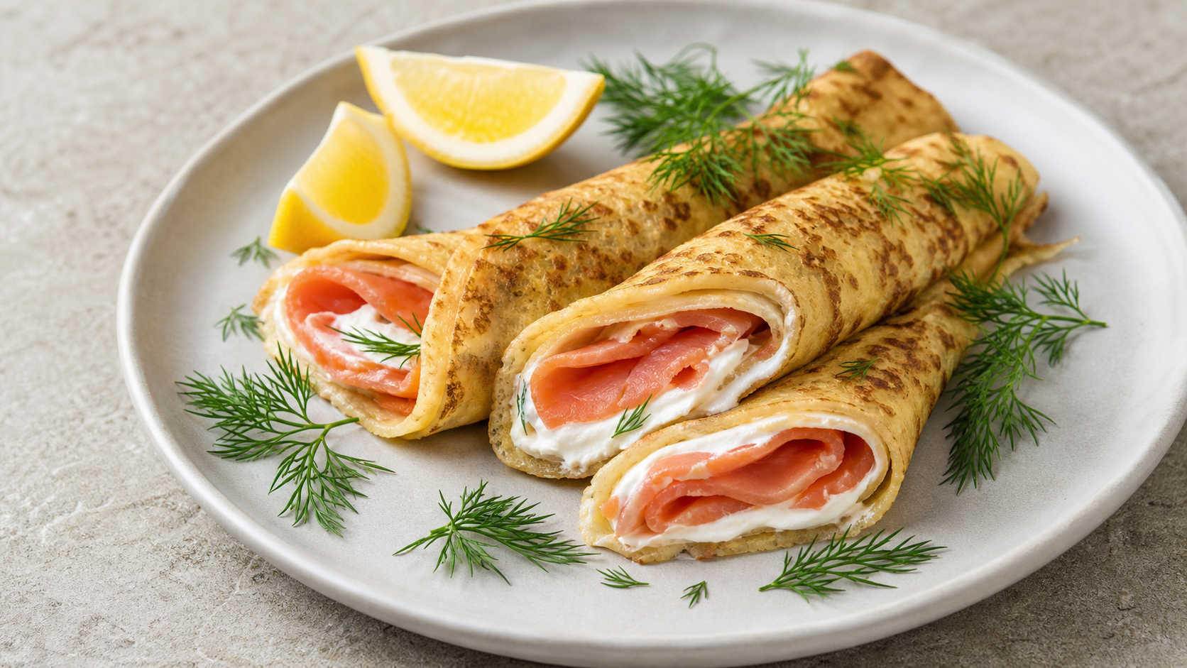 Gerollte Keto-Crêpes aus Mandelmehl mit Räucherlachs, Crème fraîche, Dill und Zitronenspalten auf einem Teller