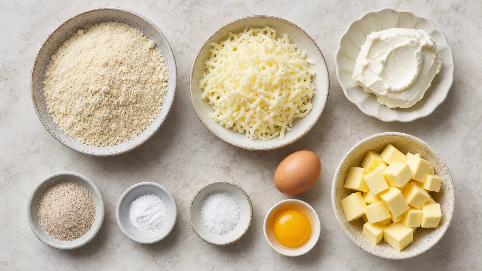 Zutaten für Keto-Croissants: Mandelmehl, Mozzarella, Frischkäse, kalte Butter, Ei und Flohsamenschalen