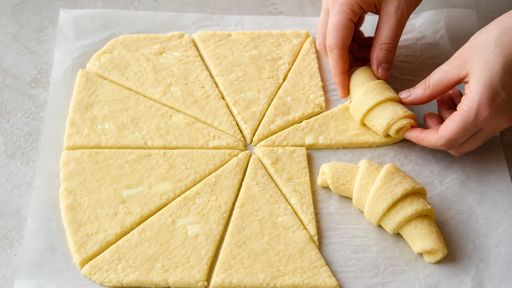 Ausgerollter Mandelmehlteig mit kalten Butterflocken, in Dreiecke geschnitten und teilweise aufgerollt