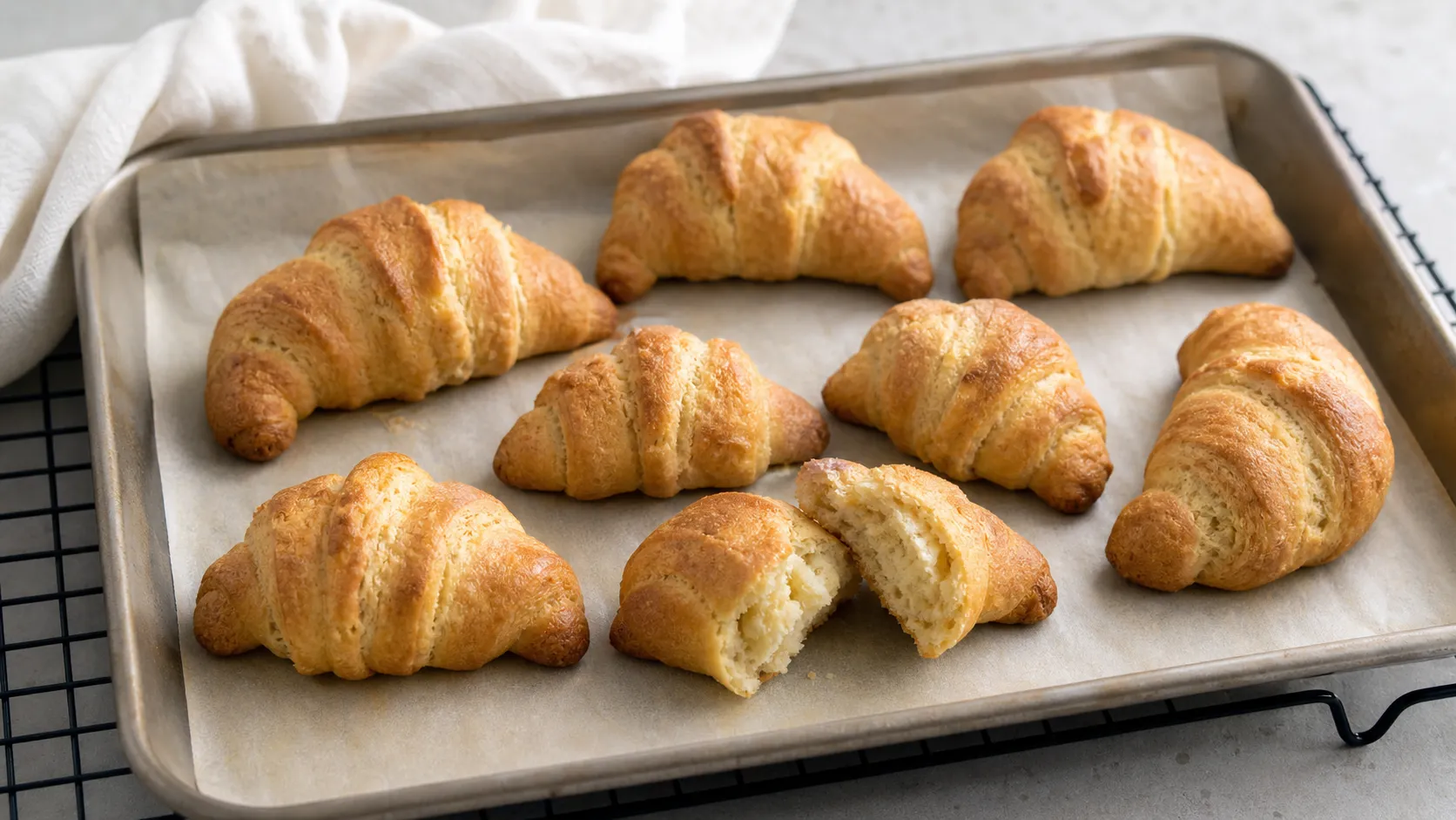 Acht goldbraune Keto-Croissants aus Mandelmehl auf einem Backblech, eines aufgebrochen mit sichtbaren Butterschichten