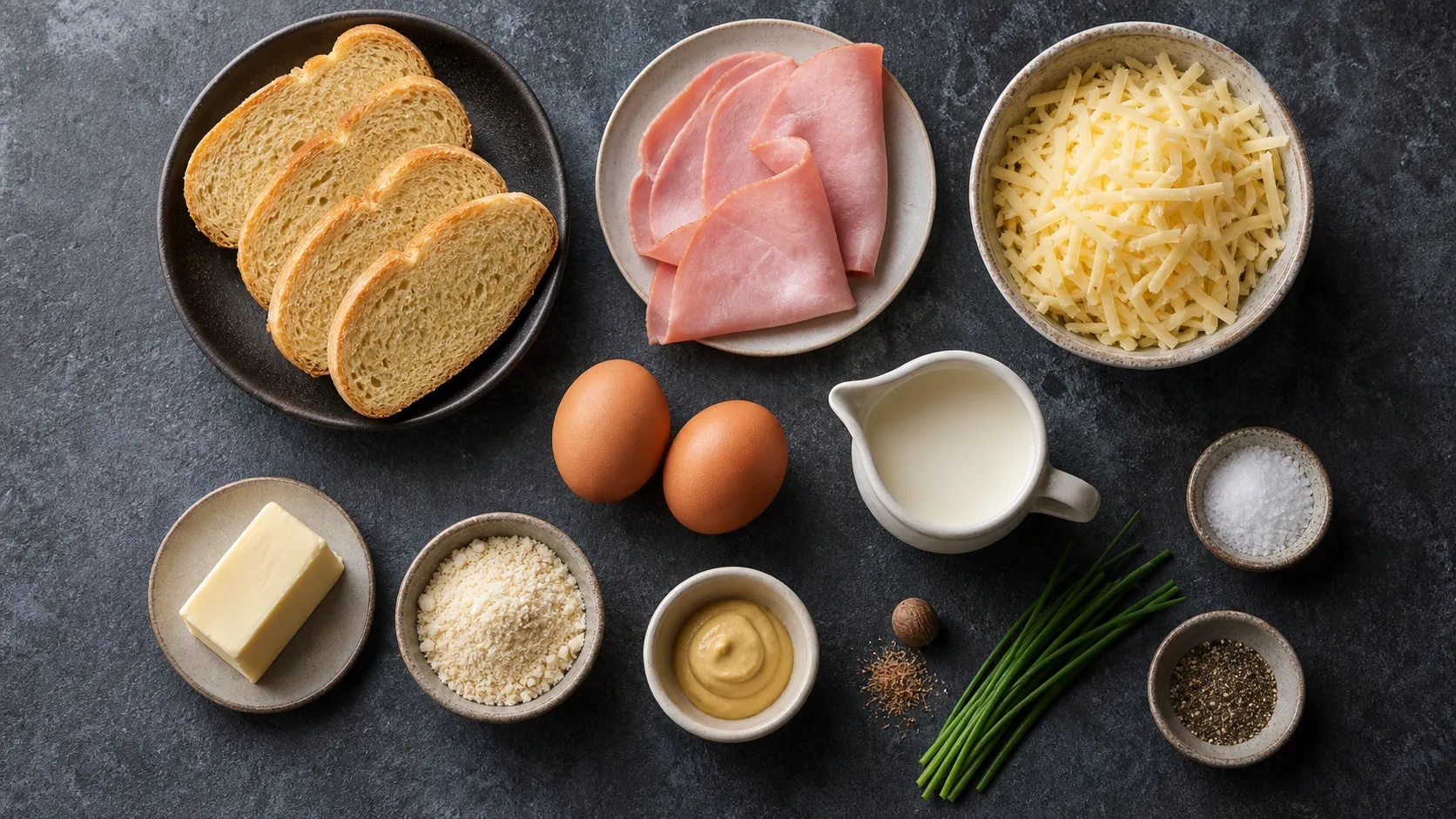 Zutaten für Keto Croque Madame: Mandelmehl-Brot, gekochter Schinken, Gruyère, Sahne, Butter und Eier