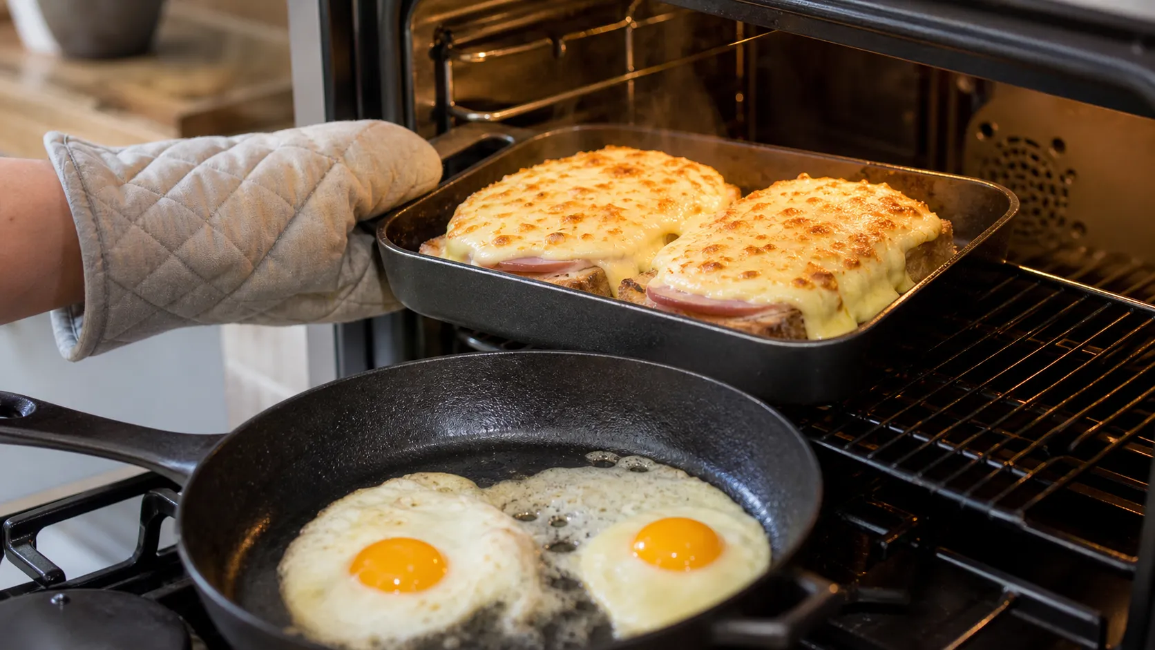 Belegtes Mandelmehl-Brot mit Béchamel und Käse unter dem Grill, daneben das gebratene Spiegelei