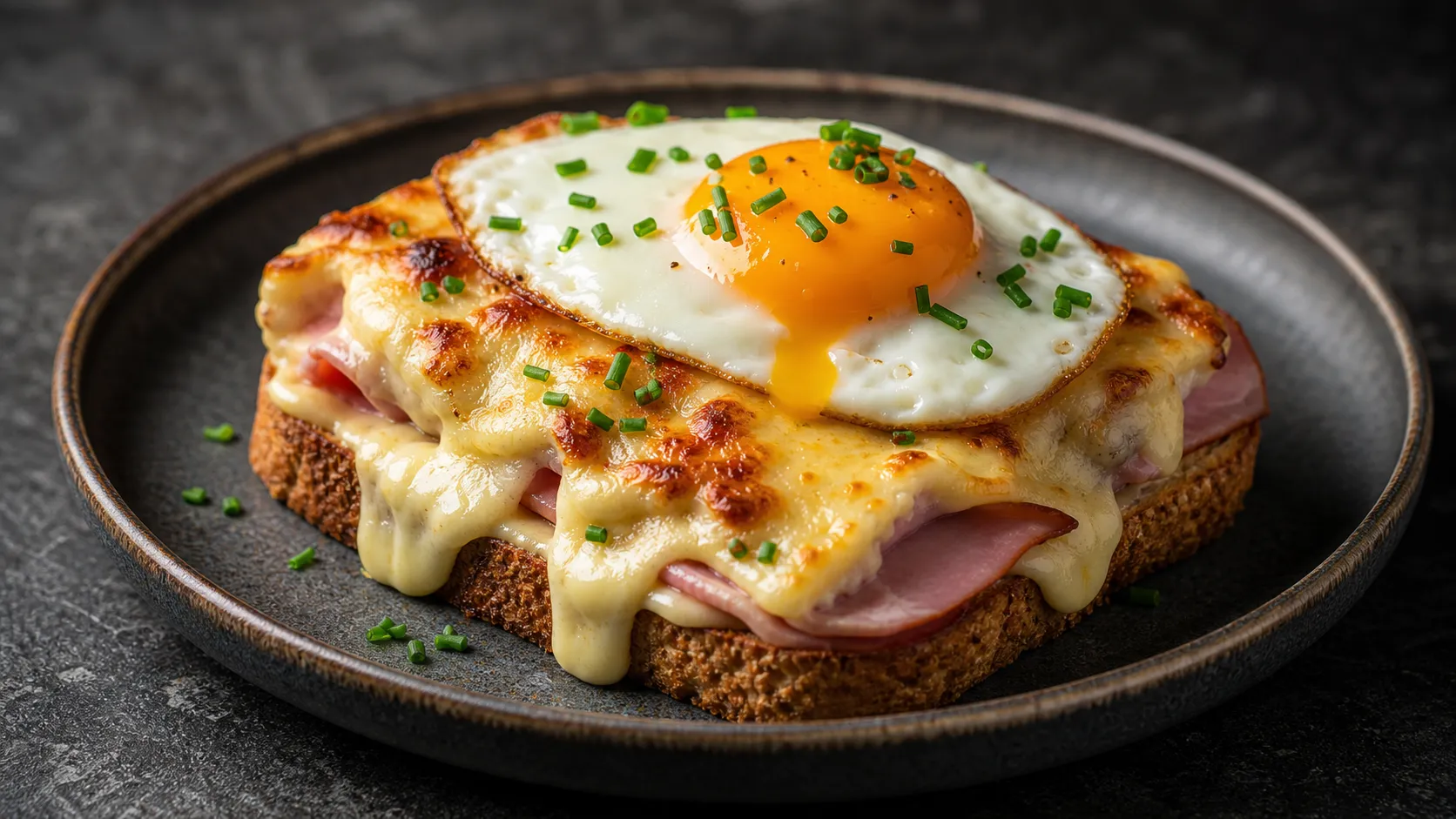 Keto Croque Madame aus Mandelmehl-Brot mit Schinken, geschmolzenem Gruyère, Béchamel und Spiegelei auf einem Teller