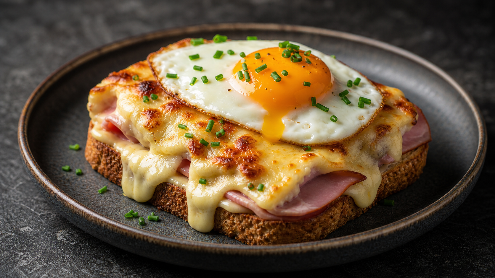 Keto Croque Madame aus Mandelmehl-Brot mit Schinken, geschmolzenem Gruyère, Béchamel und Spiegelei auf einem Teller