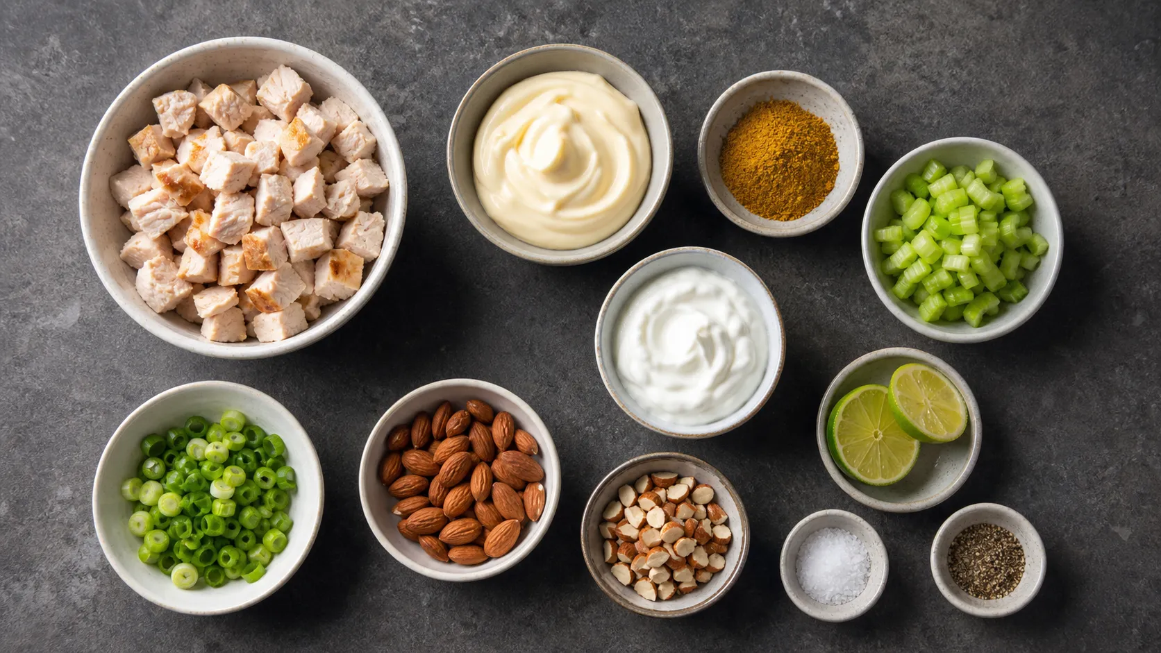 Zutaten für Keto-Curry-Hähnchen-Salat: gegartes Hähnchen, Mayonnaise, Joghurt, Currypulver, Sellerie und Mandeln