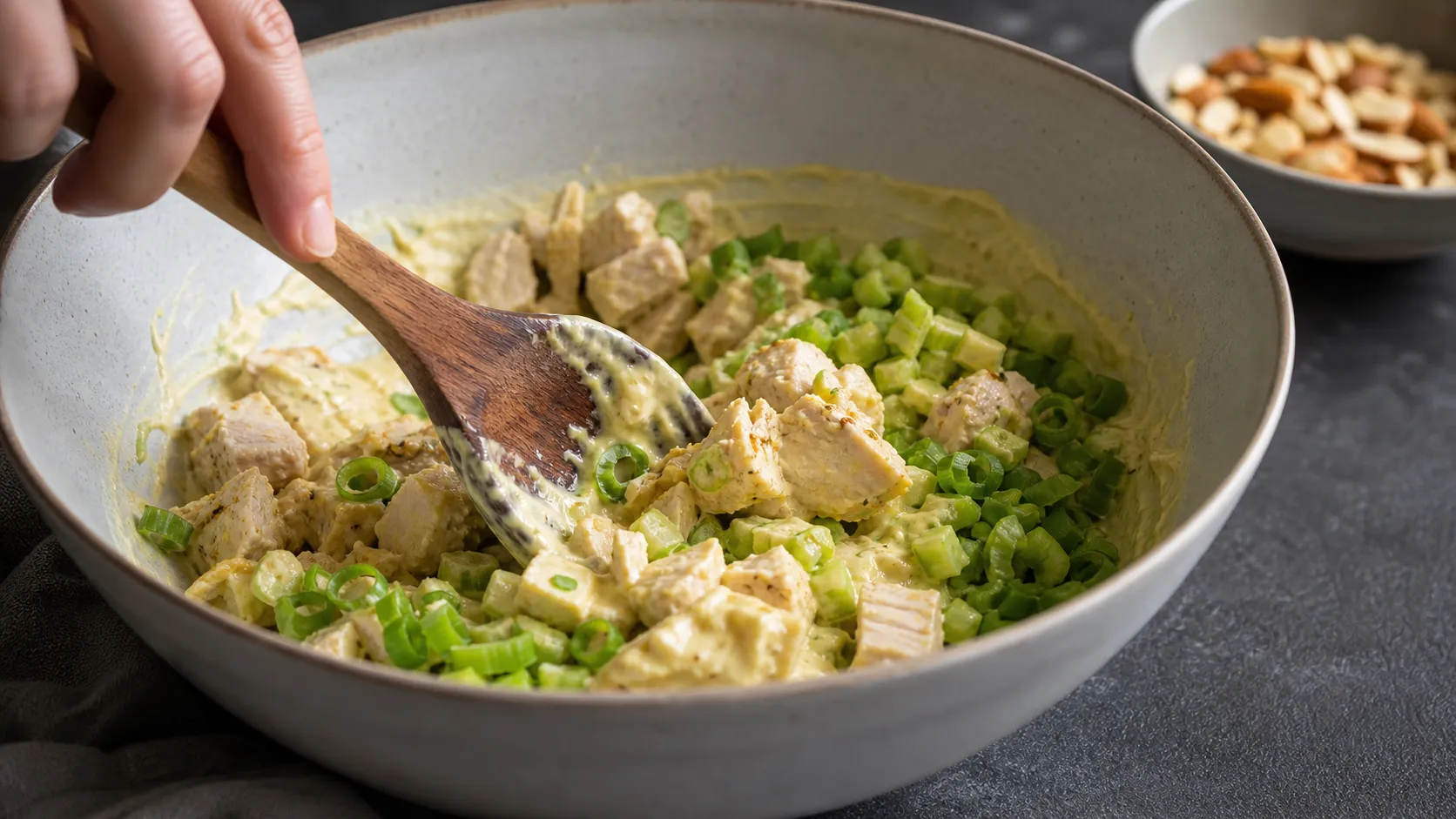 Hähnchenwürfel werden mit der cremigen Curry-Mayonnaise-Sauce in einer Schüssel vermengt