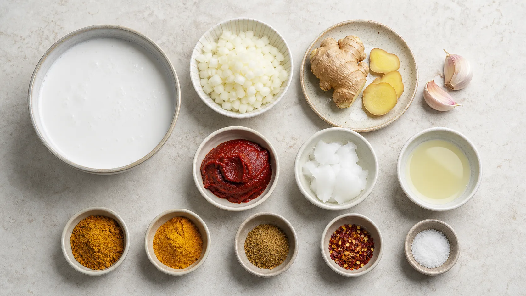 Zutaten für Keto Curry-Sauce: Kokosmilch, Zwiebel, Ingwer, Knoblauch, Tomatenmark und Gewürze