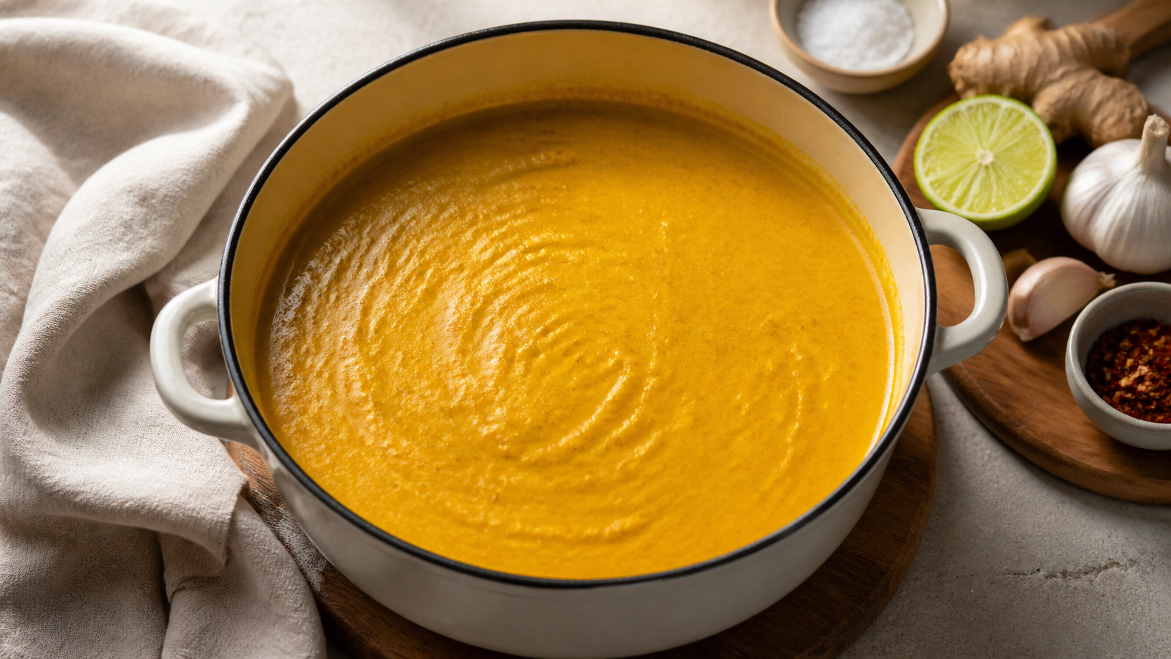 Goldgelbe Keto Curry-Sauce mit Kokosmilch in einem Topf