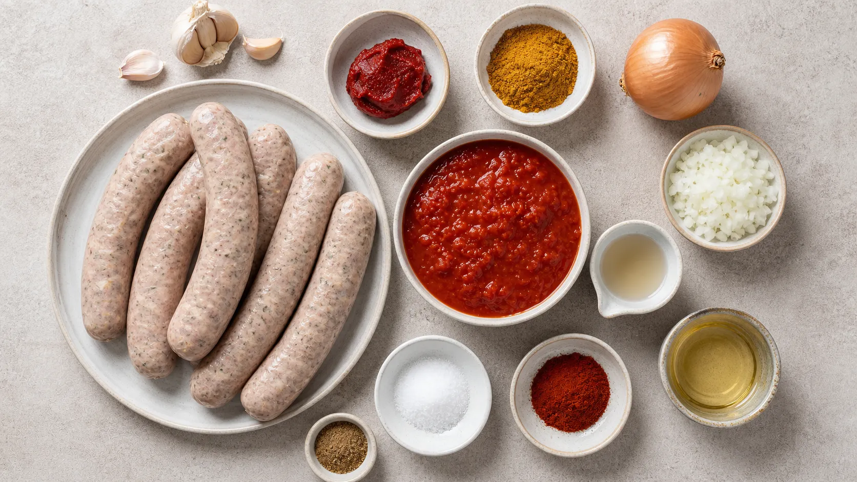 Zutaten für Keto-Currywurst mit zuckerfreier Currysauce: Bratwurst, passierte Tomaten, Tomatenmark, Wasser, Apfelessig