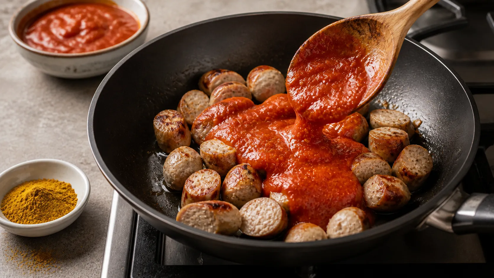 Zubereitungsschritt für Keto-Currywurst mit zuckerfreier Currysauce während der Keto-Rezeptzubereitung