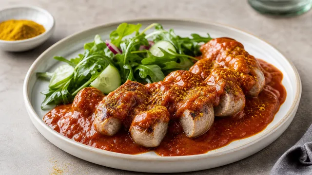 Keto-Currywurst mit zuckerfreier Currysauce fertig angerichtet als ketogenes Rezept