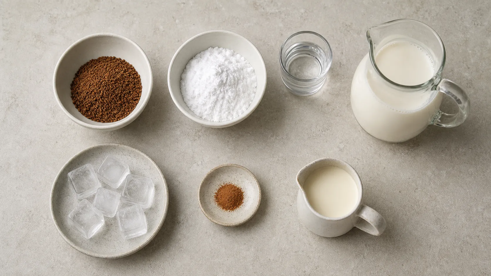 Zutaten für Keto-Dalgona-Kaffee: Instantkaffee, Puder-Erythrit, heißes Wasser, Mandeldrink und Sahne