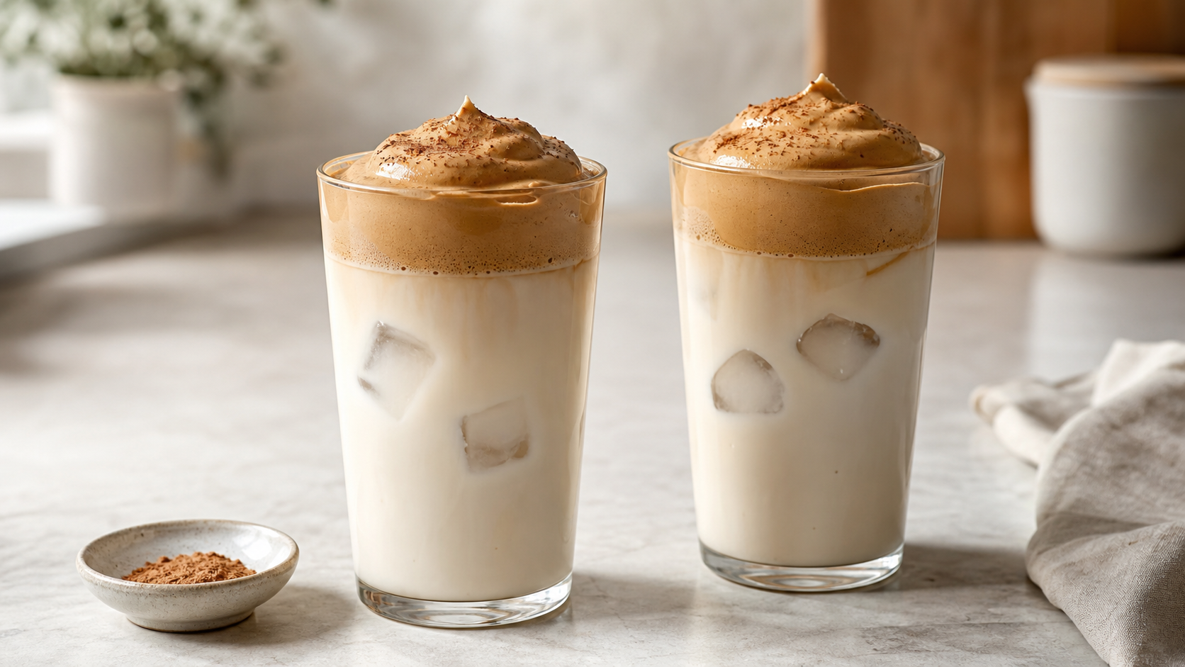 Keto-Dalgona-Kaffee im Glas mit hellbrauner Kaffeecreme über kalter Milch und Eiswürfeln