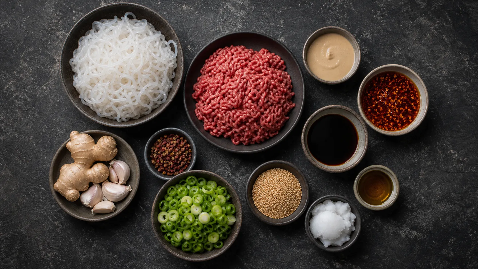 Flatlay der Zutaten für Keto Dan-Dan-Nudeln mit Konjak, Tahini, Chili-Oel und Rinderhack