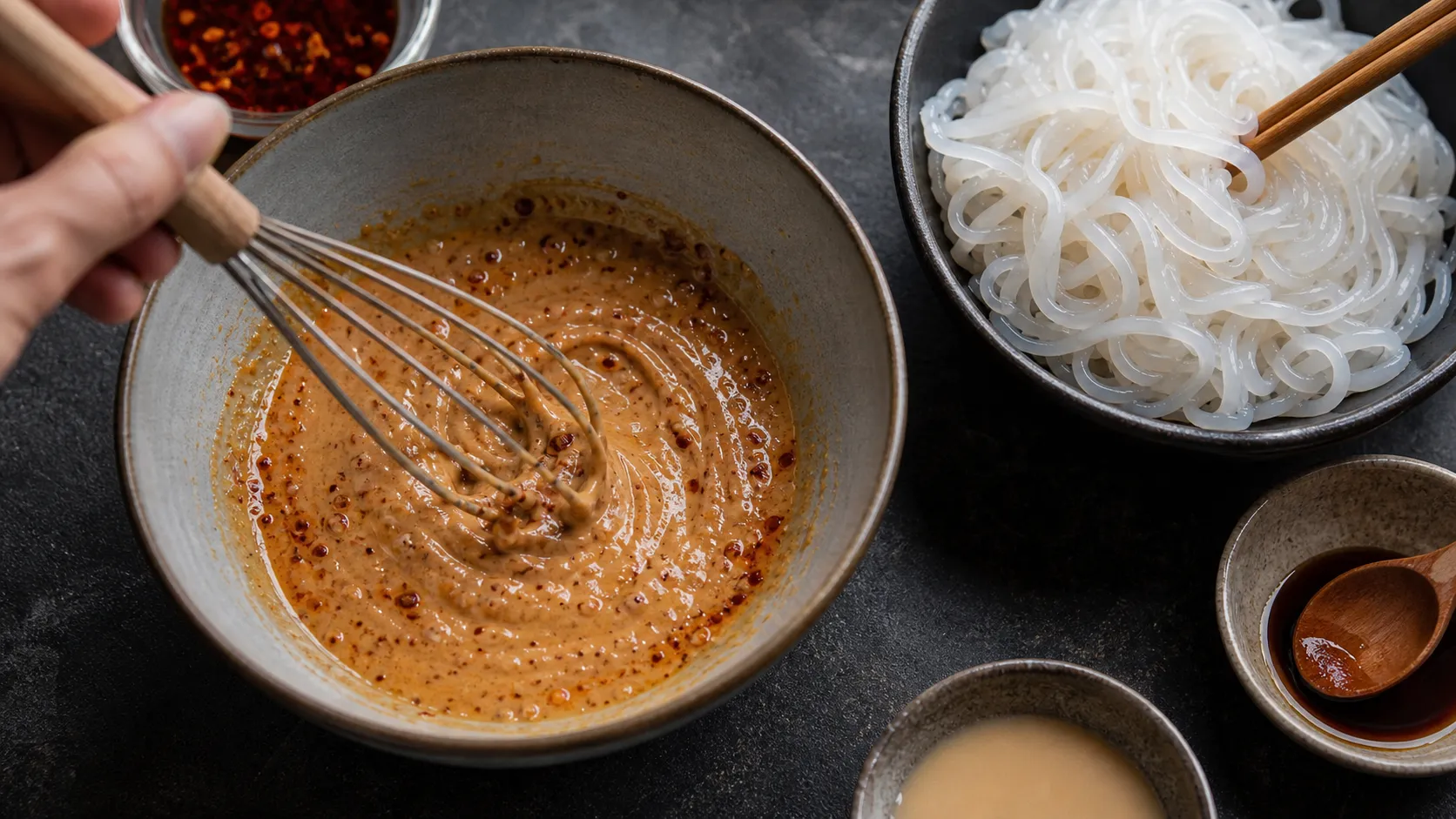 Sesam-Chili-Sauce für Keto Dan-Dan-Nudeln wird in einer Schüssel angeruehrt