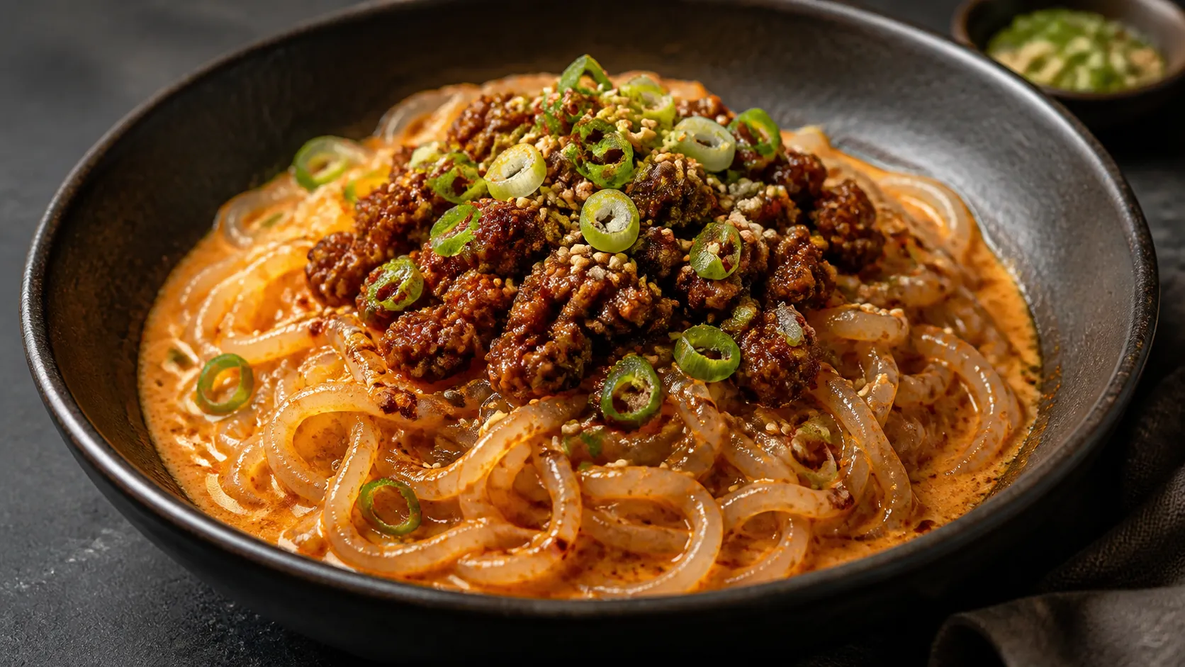 Fertige Keto Dan-Dan-Nudeln mit Konjak-Nudeln, Sesam-Chili-Sauce und Rinderhack