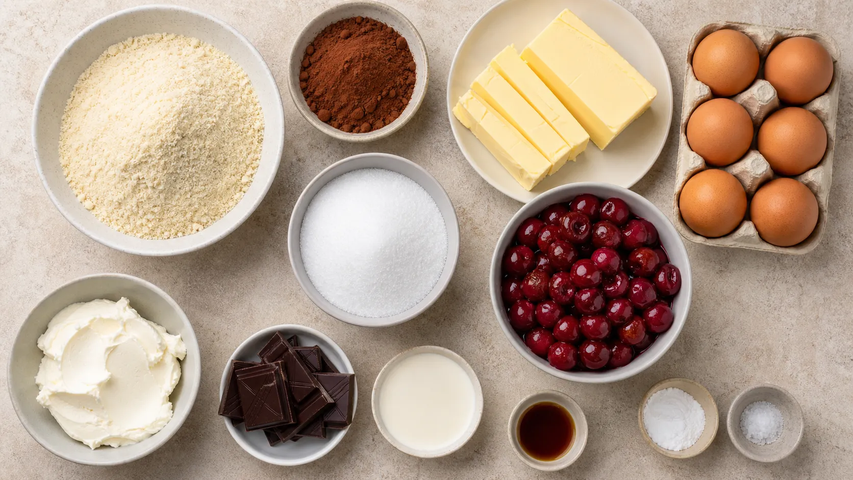 Zutaten für Keto Donauwelle: Mandelmehl, Kakao, Butter, Eier, Erythrit, Sauerkirschen und Zartbitterschokolade